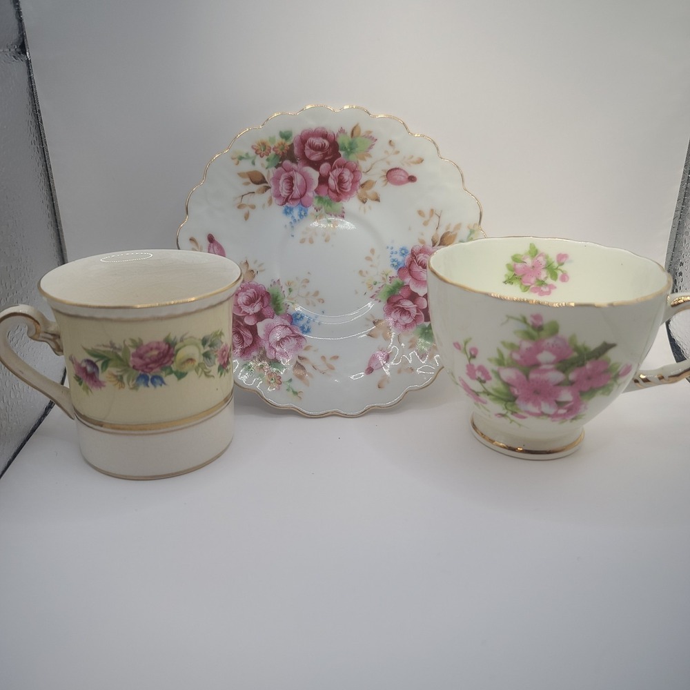 Tiny Vintage Bone Chine Cups & Saucer - England & Japan Floral 3" Tall Demitasse